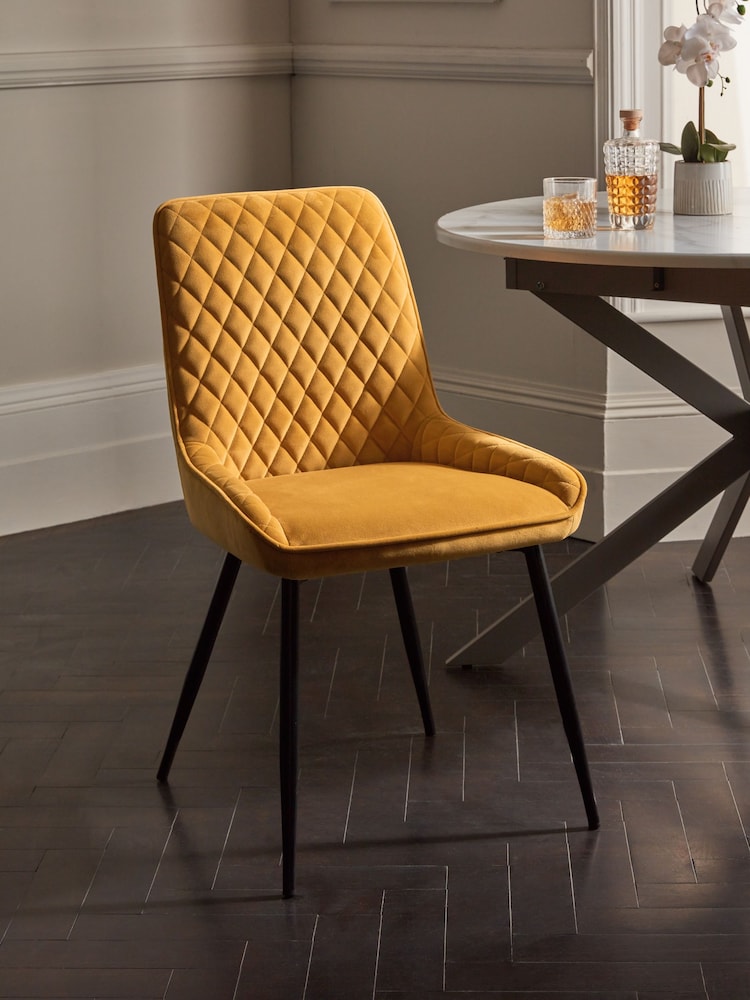 Set of 2 Soft Velvet Ochre Yellow Hamilton Black Leg Quilted Dining Chairs - Image 1 of 10