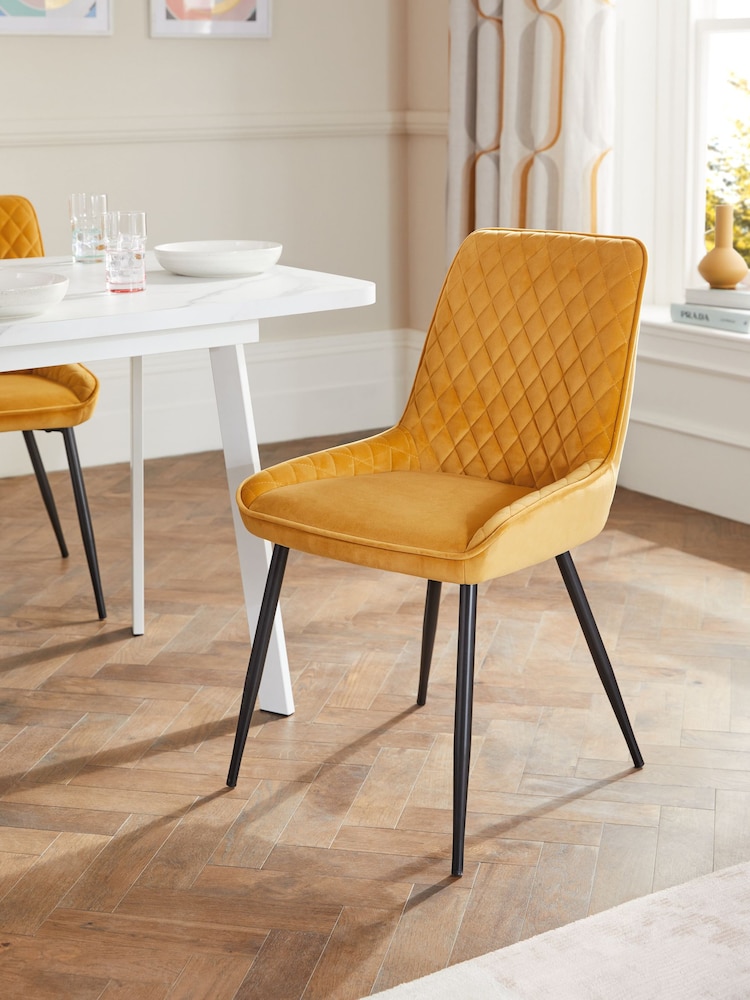 Set of 2 Soft Velvet Ochre Yellow Hamilton Black Leg Quilted Dining Chairs - Image 2 of 10