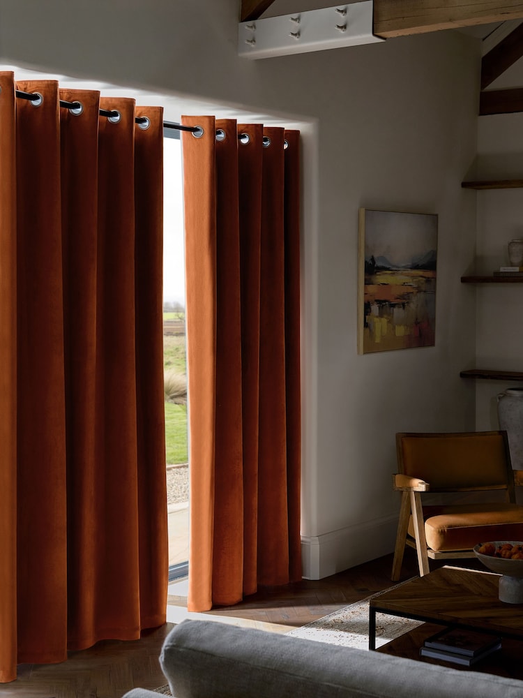 Orange Matte Velvet Blackout/Thermal Curtains - Image 3 of 8