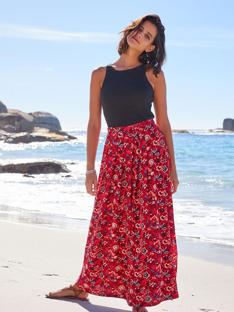 Red Floral Pleat Front Detail Maxi Skirt - Image 1 of 5