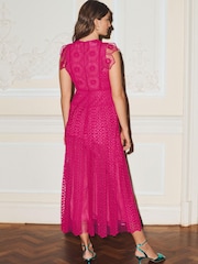Bright Pink Crochet Lace Short Sleeve Occasion Midi Dress - Image 3 of 4