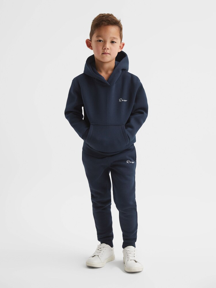 Reiss Navy Connor Junior Embroidered Jersey Hoodie - Image 1 of 5 Reiss Navy Connor Junior Embroidered Jersey Hoodie - Image 1 of 5