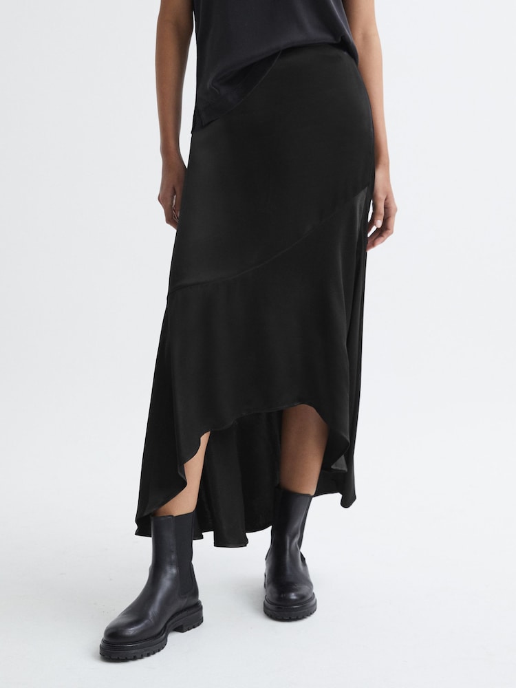 Reiss Black Inga Satin High Rise Midi Skirt - Image 1 of 6