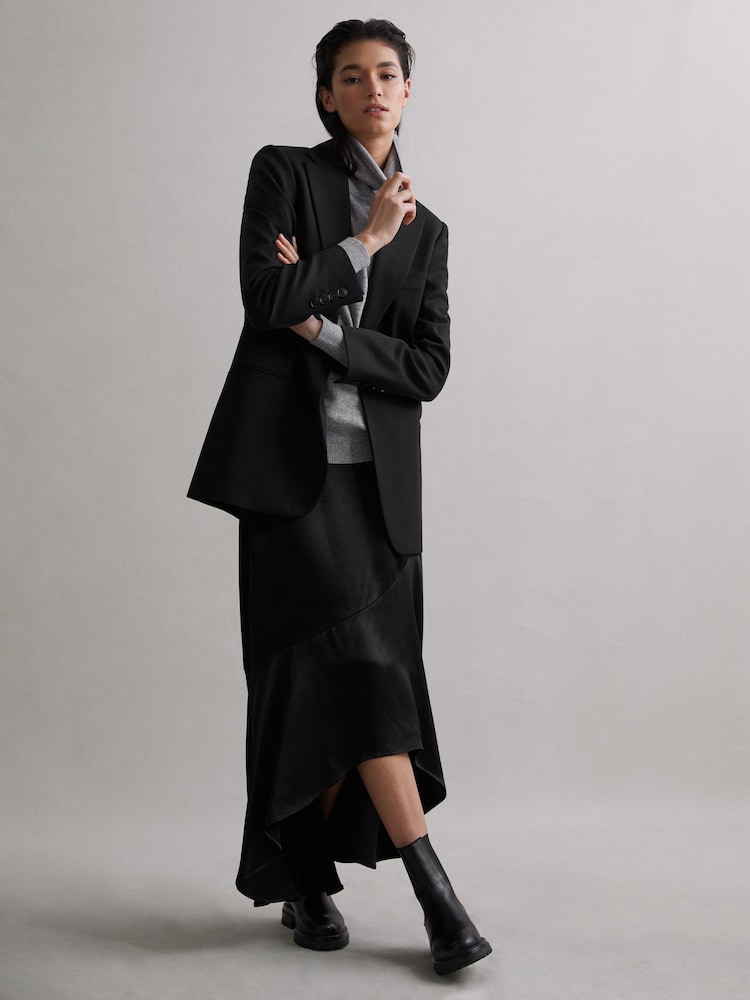 Reiss Black Inga Satin High Rise Midi Skirt - Image 6 of 6