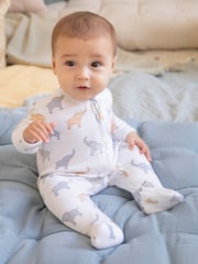 JoJo Maman Bébé White Elephant Print Zip Cotton Baby Sleepsuit - Image 1 of 5