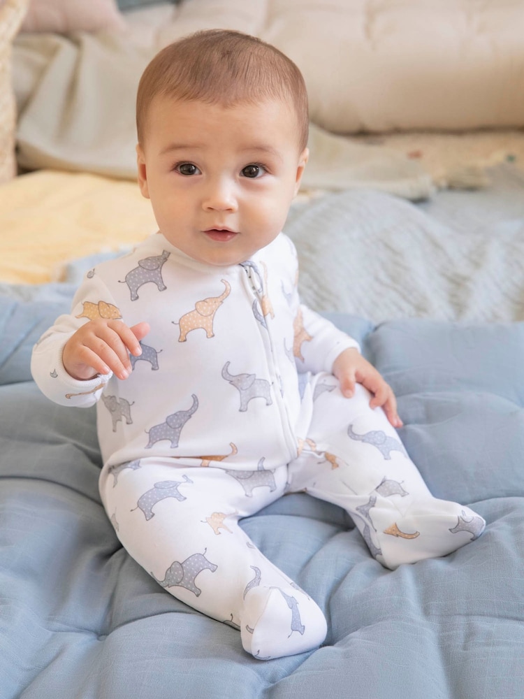 JoJo Maman Bébé White Elephant Print Zip Cotton Baby Sleepsuit - Image 1 of 5