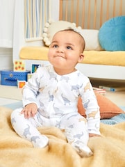 JoJo Maman Bébé White Elephant Print Zip Cotton Baby Sleepsuit - Image 2 of 5