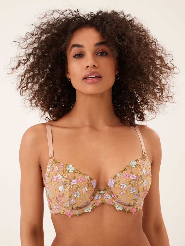 Ditsy Floral Non Pad Plunge Embroidered Bra - Image 1 of 7