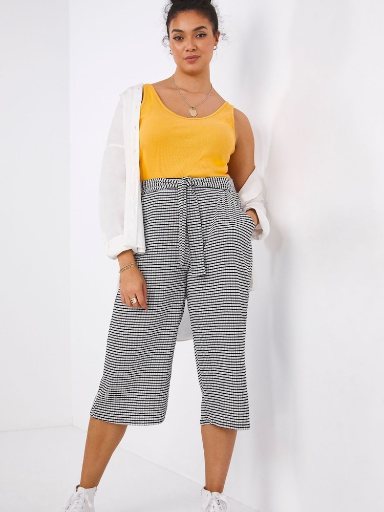 Simply Be Gingham Black Textured Tie Waist Culottes - Image 1 of 4