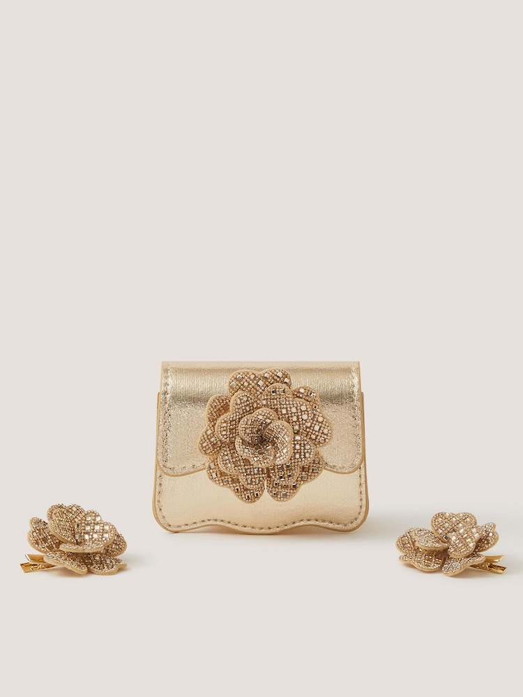 Monsoon Gold Diamanté Flower Bag & Hair Clips Set - Image 1 of 2