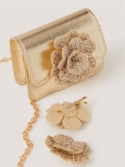Monsoon Gold Diamanté Flower Bag & Hair Clips Set - Image 2 of 2