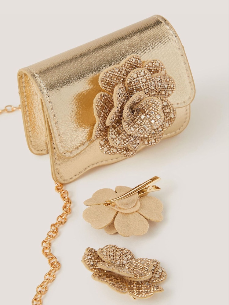 Monsoon Gold Diamanté Flower Bag & Hair Clips Set - Image 2 of 2