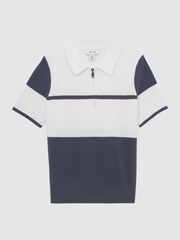 Reiss Airforce Blue Rome Senior Slim Fit Half Zip Colourblock Polo Shirt - Image 2 of 6