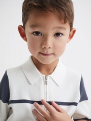 Reiss Airforce Blue Rome Senior Slim Fit Half Zip Colourblock Polo Shirt - Image 3 of 6