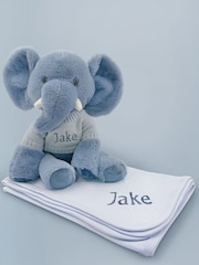 Babyblooms Blue Personalised Elephant Soft Toy with Snuggle Wrap Gift Set - Image 1 of 6
