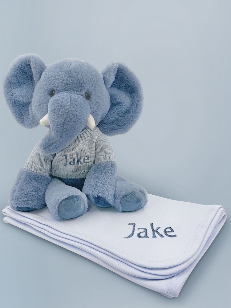 Babyblooms Blue Personalised Elephant Soft Toy with Snuggle Wrap Gift Set - Image 1 of 6