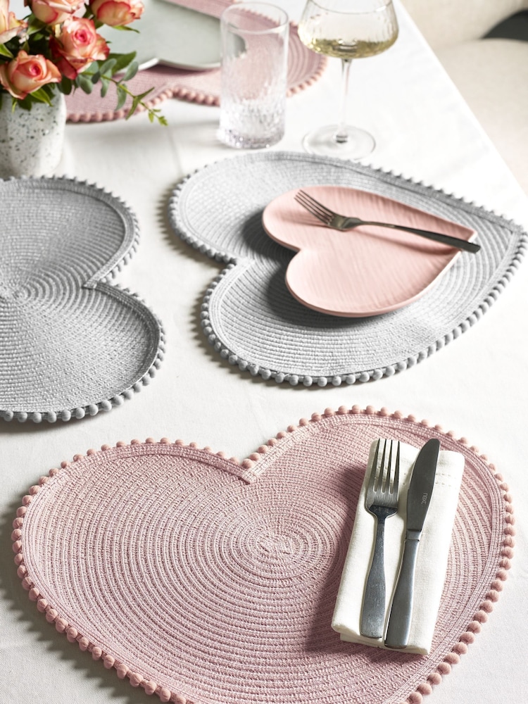 Set of 4 Pink/Grey Heart Shaped Pom Placemats - Image 1 of 4