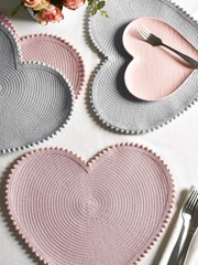 Set of 4 Pink/Grey Heart Shaped Pom Placemats - Image 2 of 4