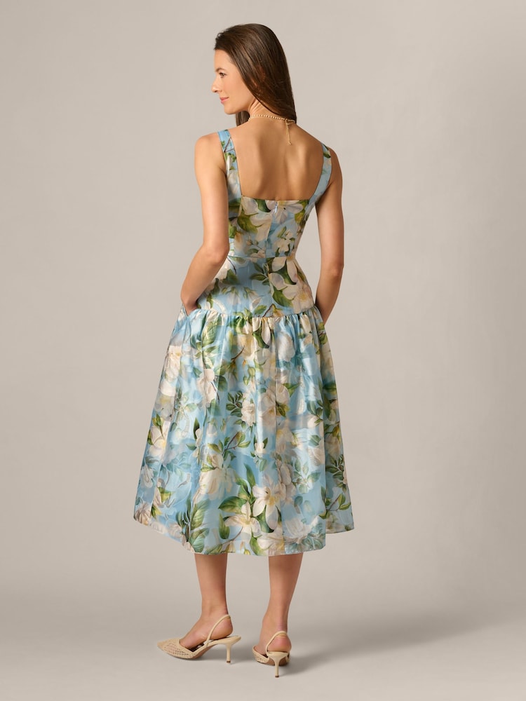 midi adrianna papell cocktail dresses Adrianna Papell Drop Waist Organza Midi Dress, Womens, 6, Blue Multi