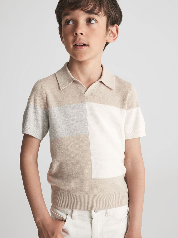 Reiss Natural Tondo Junior Open Collar Colourblock Polo T-Shirt - Image 1 of 8