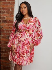 Chi Chi London Red Long Sleeve Ring Detail Floral Mini Dress - Image 1 of 5
