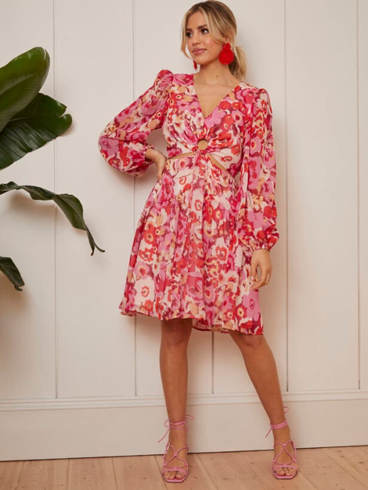 Chi Chi London Red Long Sleeve Ring Detail Floral Mini Dress - Image 1 of 5 Chi Chi London Red Long Sleeve Ring Detail Floral Mini Dress - Image 1 of 5