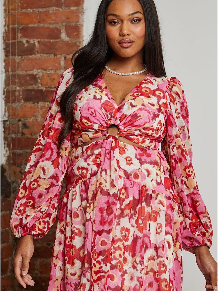 Chi Chi London Red Long Sleeve Ring Detail Floral Mini Dress - Image 2 of 5