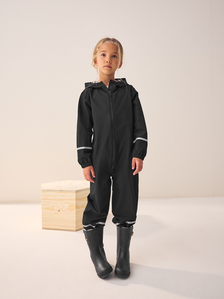 Black Zip Hooded Waterproof Puddlesuit (12mths-10yrs) - Image 1 of 7