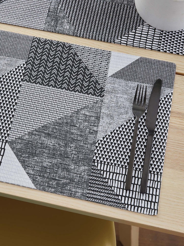 Catherine Lansfield 4 Pack Grey Larsson Geo Wipeable 100% Cotton Placemats - Image 1 of 3