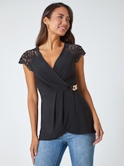 Roman Black Lace Trim Stretch Wrap Top - Image 1 of 5