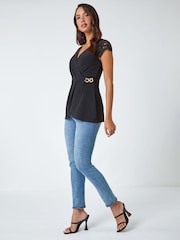 Roman Black Lace Trim Stretch Wrap Top - Image 2 of 5