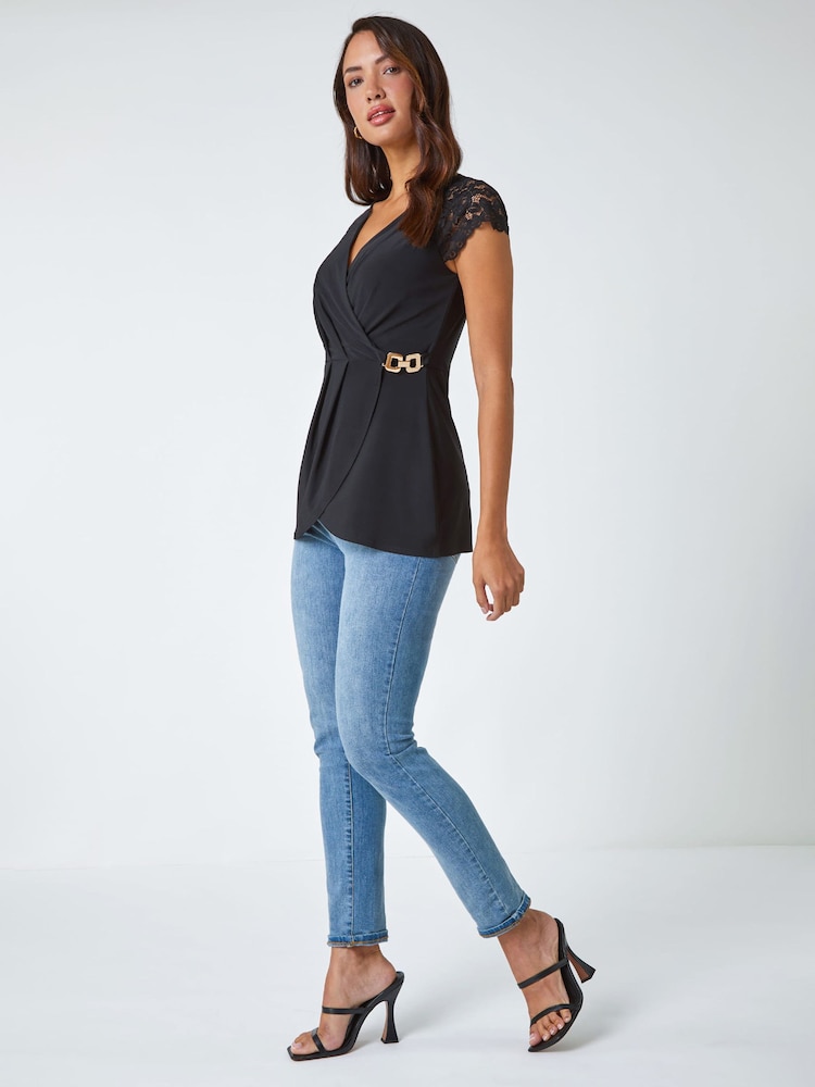 Roman Black Lace Trim Stretch Wrap Top - Image 2 of 5