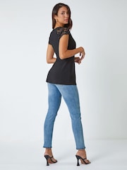 Roman Black Lace Trim Stretch Wrap Top - Image 3 of 5