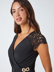 Roman Black Lace Trim Stretch Wrap Top - Image 4 of 5