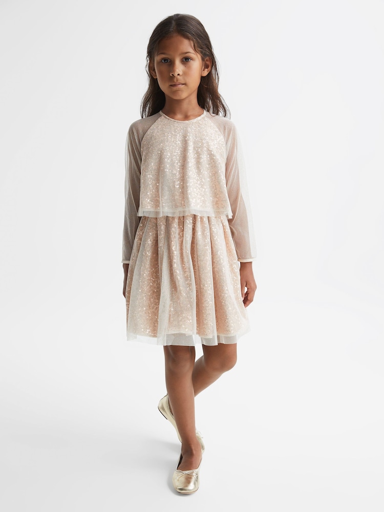 Reiss Gold Mika 4-9 yrs Sequin Sheer Tutu Dress - Image 1 of 6