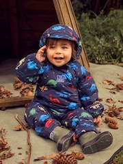 JoJo Maman Bébé Navy Blue Dinosaur Waterproof Fleece Lined Puddle Suit - Image 3 of 11