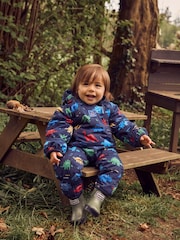 JoJo Maman Bébé Navy Blue Dinosaur Waterproof Fleece Lined Puddle Suit - Image 4 of 11
