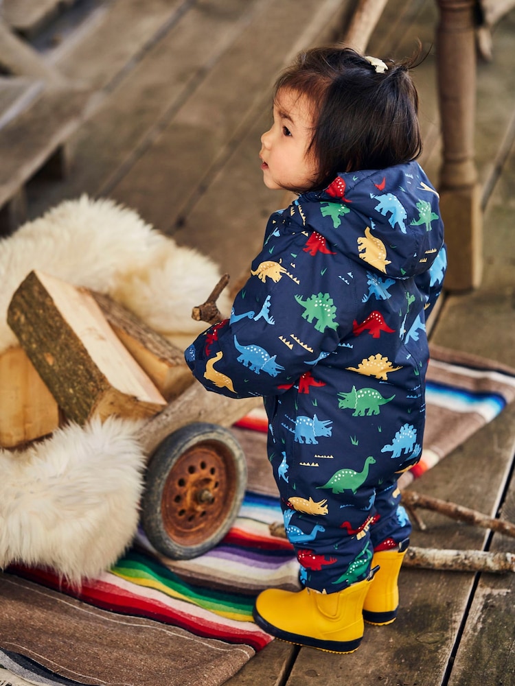 JoJo Maman Bébé Navy Blue Dinosaur Waterproof Fleece Lined Puddle Suit - Image 5 of 11