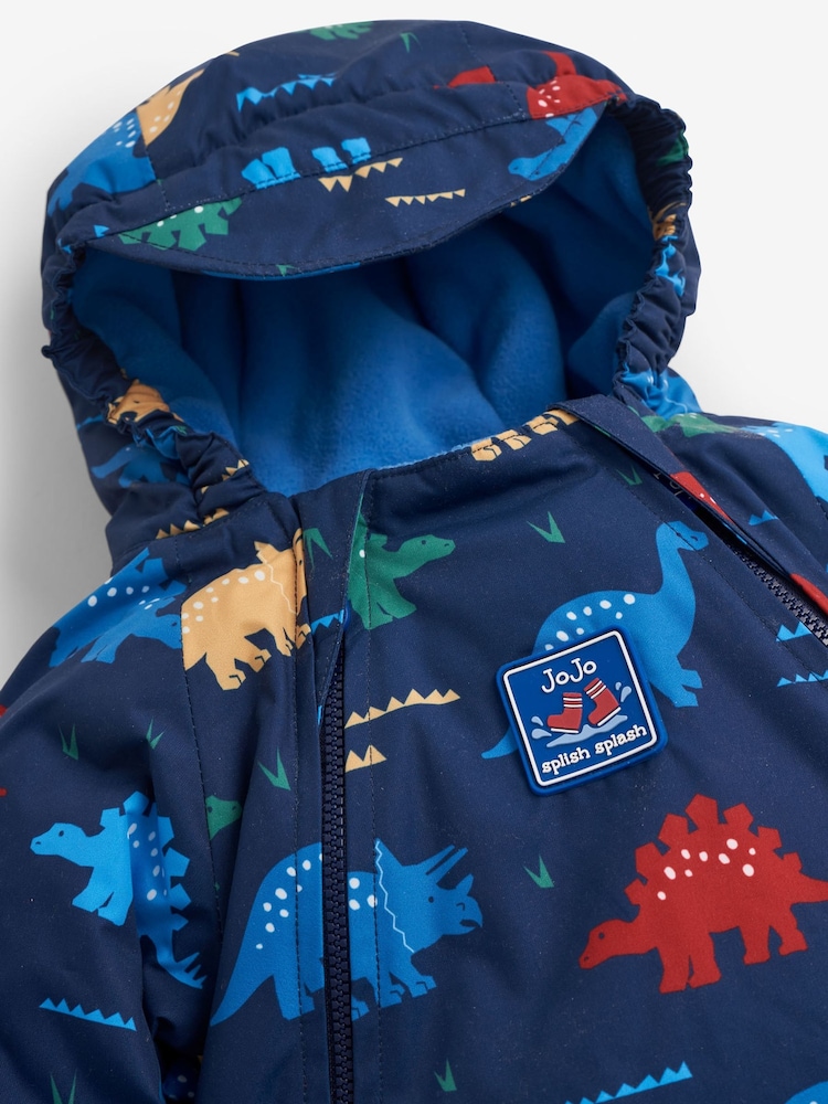 JoJo Maman Bébé Navy Blue Dinosaur Waterproof Fleece Lined Puddle Suit - Image 9 of 11