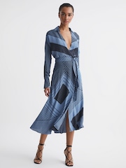 Reiss Blue Talia Printed Spliced Midi Dress - Image 1 of 8