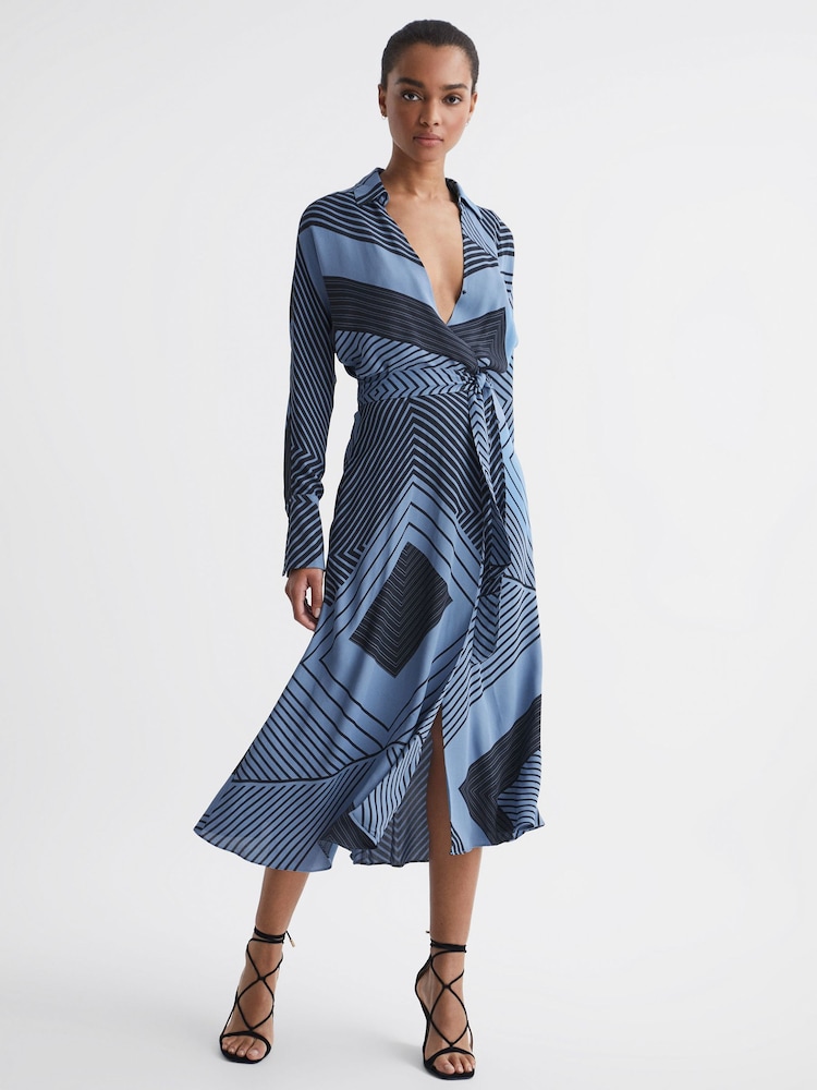 Reiss Blue Talia Printed Spliced Midi Dress - Image 1 of 8