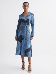 Reiss Blue Talia Printed Spliced Midi Dress - Image 8 of 8