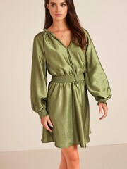 Khaki Green Tie Neck Satin Jacquard Mini Dress - Image 1 of 5