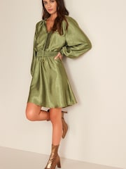 Khaki Green Tie Neck Satin Jacquard Mini Dress - Image 2 of 5