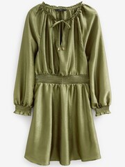 Khaki Green Tie Neck Satin Jacquard Mini Dress - Image 5 of 5