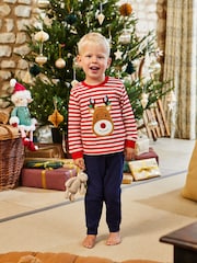 JoJo Maman Bébé Red Reindeer Stripe Jersey Pyjamas - Image 1 of 8