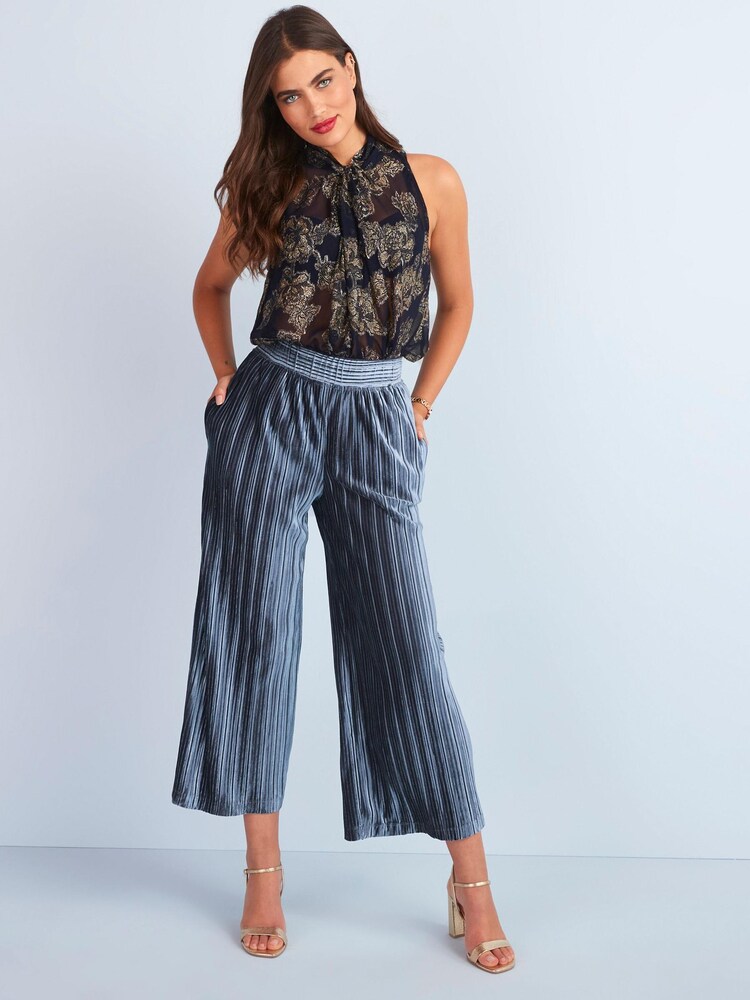 Grey Velvet Pleated Culotte Trousers - Image 1 of 5