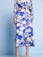 Blue Floral Satin Wrap Midi Skirt - Image 3 of 5