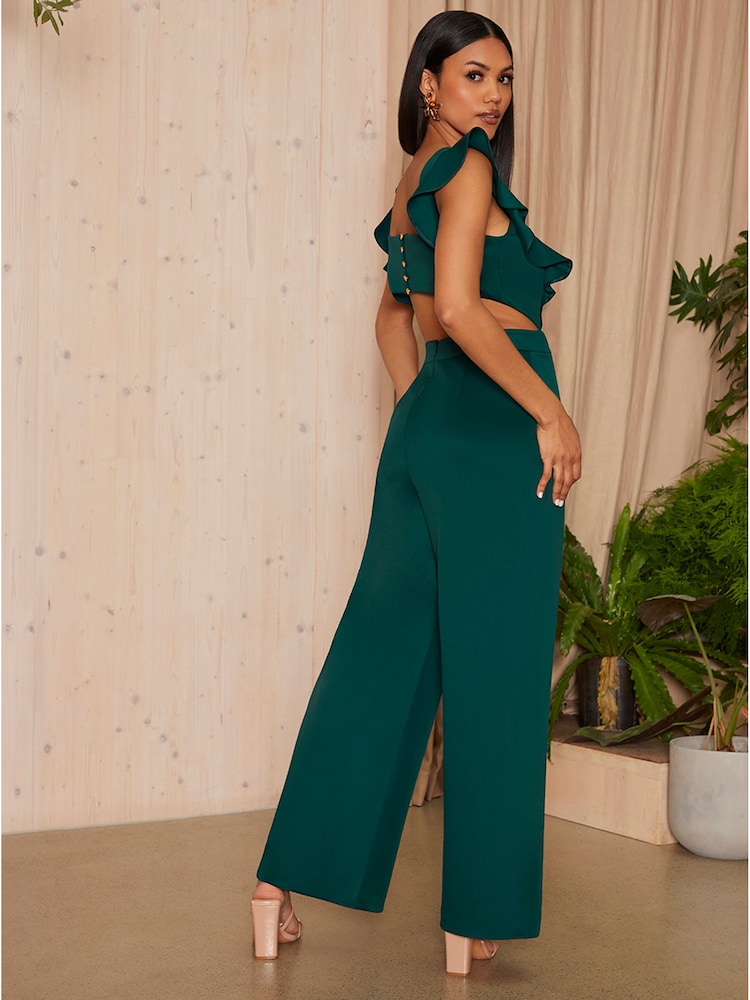 Chi Chi London Green Ruffle Sleeve Cut Out Detail Jumpsuit - Image 2 of 2 Chi Chi London Green Ruffle Sleeve Cut Out Detail Jumpsuit - Image 2 of 2
