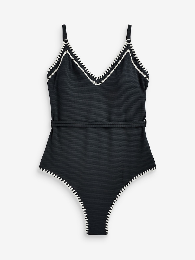 Mint Velvet Navy Texture Tummy Control Plunge Swimsuit - Image 1 of 4 Mint Velvet Navy Texture Tummy Control Plunge Swimsuit - Image 1 of 4
